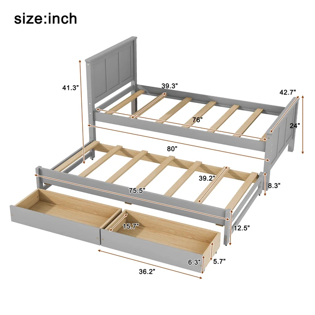 Alt view image 6 of 7 - Twin Size Platform Bed with Trundle and Drawers, Old SKU, Gray, Pine, Beds Frames Bases