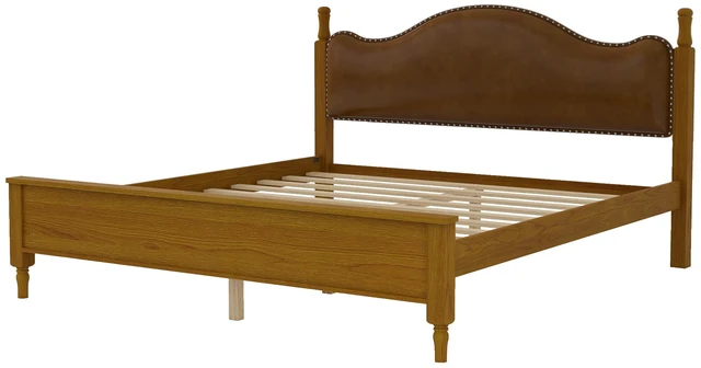 Alt view image 4 of 7 - King Size Platform Bed with Upholstered Headboard, Brown Frame Headboard, Brown, PU, Solid Wood and MDF, Beds Frames