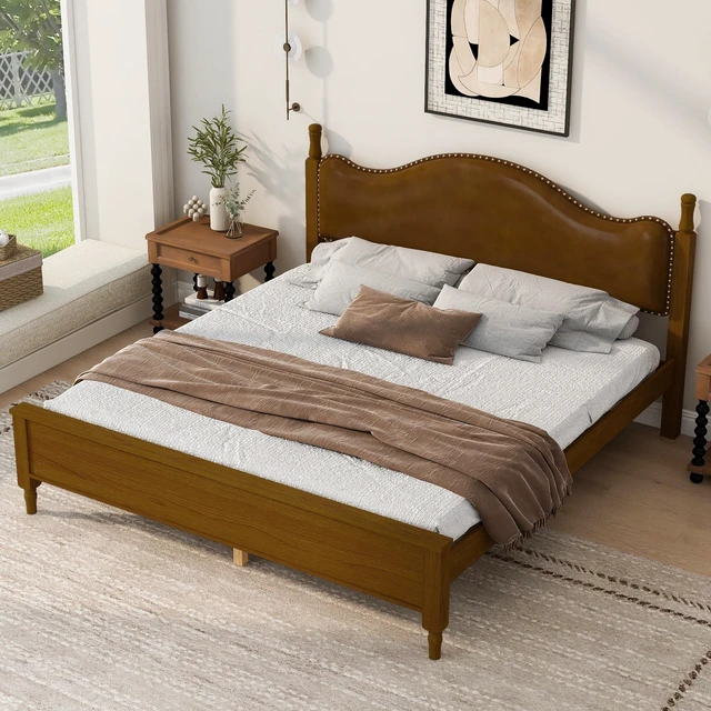 Alt view image 2 of 7 - King Size Platform Bed with Upholstered Headboard, Brown Frame Headboard, Brown, PU, Solid Wood and MDF, Beds Frames