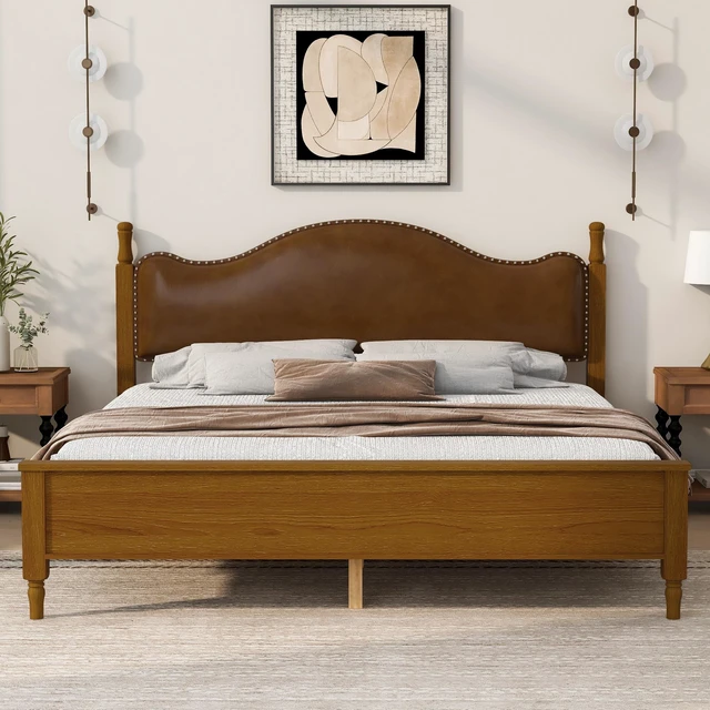 Main image of King Size Platform Bed with Upholstered Headboard, Brown Frame Headboard, Brown, PU, Solid Wood and MDF, Beds Frames