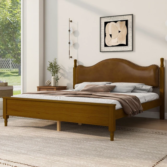 Alt view image 3 of 7 - King Size Platform Bed with Upholstered Headboard, Brown Frame Headboard, Brown, PU, Solid Wood and MDF, Beds Frames