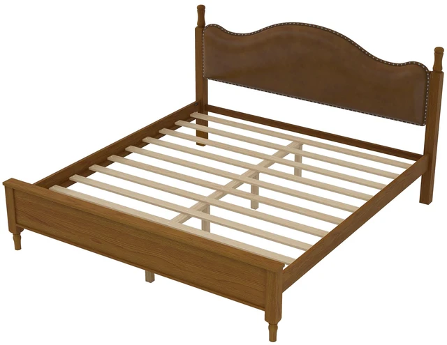 Alt view image 7 of 7 - King Size Platform Bed with Upholstered Headboard, Brown Frame Headboard, Brown, PU, Solid Wood and MDF, Beds Frames