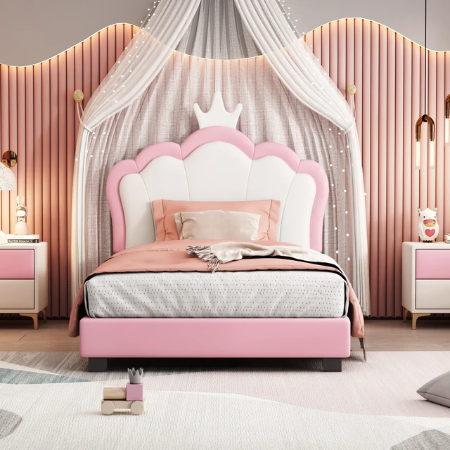 Main image of Twin Size Upholstered Princess Bed with Crown Headboard, Twin Size Platform Bed with Headboard and Footboard Old SKU