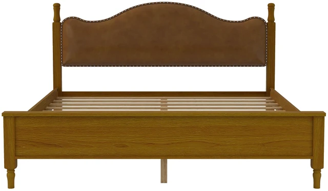 Alt view image 5 of 7 - King Size Platform Bed with Upholstered Headboard, Brown Frame Headboard, Brown, PU, Solid Wood and MDF, Beds Frames