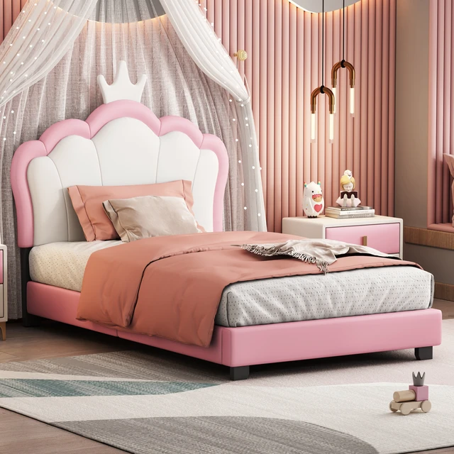Alt view image 2 of 7 - Twin Size Upholstered Princess Bed with Crown Headboard, Twin Size Platform Bed with Headboard and Footboard Old SKU