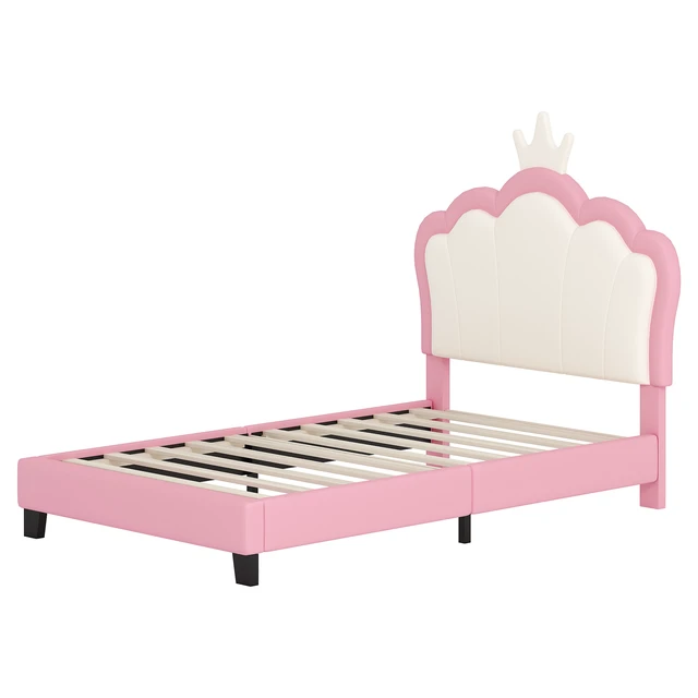 Alt view image 5 of 7 - Twin Size Upholstered Princess Bed with Crown Headboard, Twin Size Platform Bed with Headboard and Footboard Old SKU