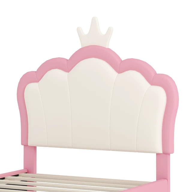 Alt view image 6 of 7 - Twin Size Upholstered Princess Bed with Crown Headboard, Twin Size Platform Bed with Headboard and Footboard Old SKU