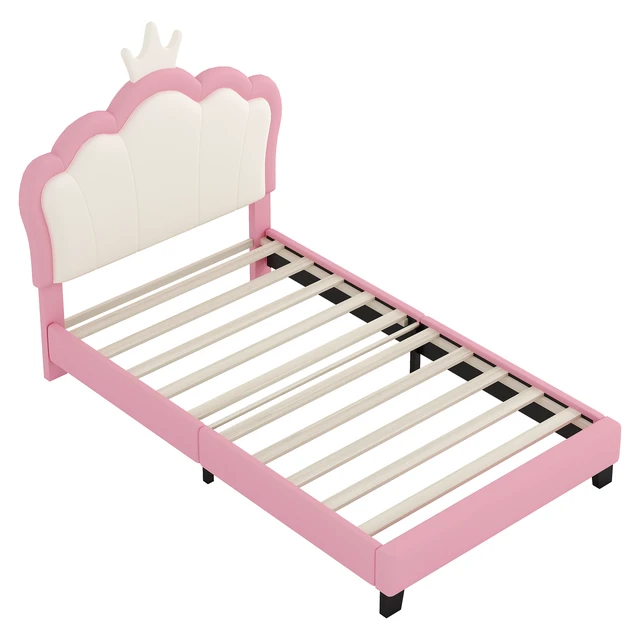 Alt view image 3 of 7 - Twin Size Upholstered Princess Bed with Crown Headboard, Twin Size Platform Bed with Headboard and Footboard Old SKU