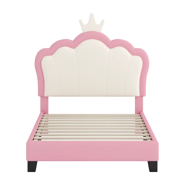 Alt view image 4 of 7 - Twin Size Upholstered Princess Bed with Crown Headboard, Twin Size Platform Bed with Headboard and Footboard Old SKU