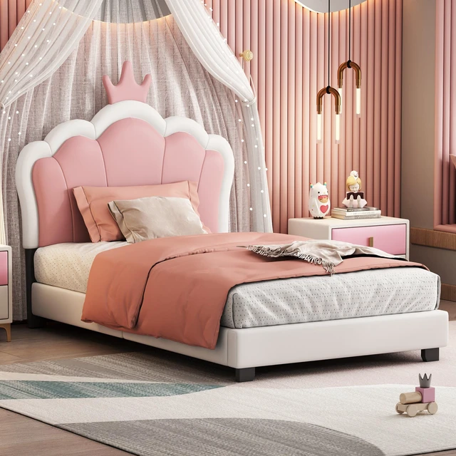 Alt view image 2 of 7 - Twin Size Upholstered Princess Bed with Crown Headboard, Twin Size Platform Bed with Headboard and Footboard Old SKU
