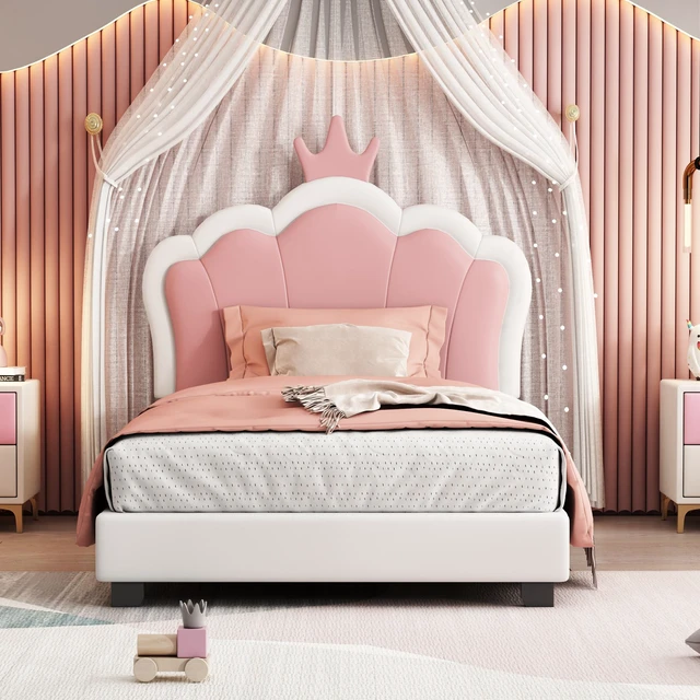Main image of Twin Size Upholstered Princess Bed with Crown Headboard, Twin Size Platform Bed with Headboard and Footboard Old SKU