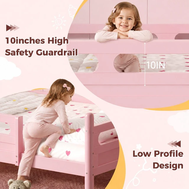 Alt view image 3 of 7 - Twin Size Kids Bed Frame, Wooden Platform Bed with Safety Guardrails Low Profile Design Slat Support System Box Spring