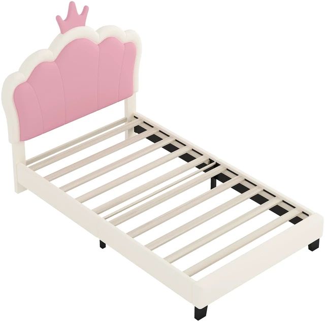 Alt view image 3 of 7 - Twin Size Upholstered Princess Bed with Crown Headboard, Twin Size Platform Bed with Headboard and Footboard Old SKU