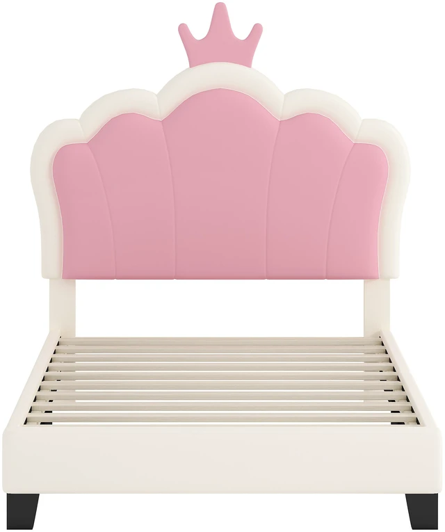 Alt view image 4 of 7 - Twin Size Upholstered Princess Bed with Crown Headboard, Twin Size Platform Bed with Headboard and Footboard Old SKU