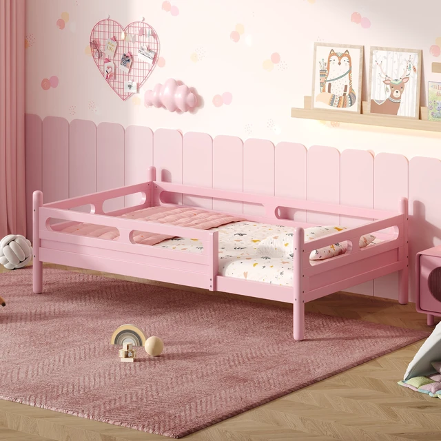 Main image of Twin Size Kids Bed Frame, Wooden Platform Bed with Safety Guardrails Low Profile Design Slat Support System Box Spring
