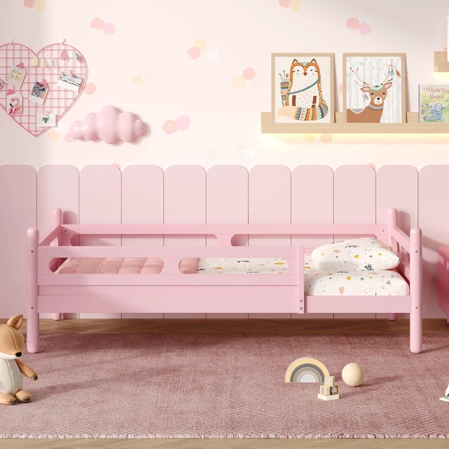 Alt view image 2 of 7 - Twin Size Kids Bed Frame, Wooden Platform Bed with Safety Guardrails Low Profile Design Slat Support System Box Spring