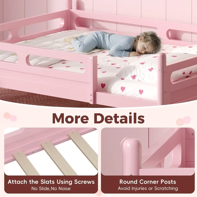 Alt view image 4 of 7 - Twin Size Kids Bed Frame, Wooden Platform Bed with Safety Guardrails Low Profile Design Slat Support System Box Spring