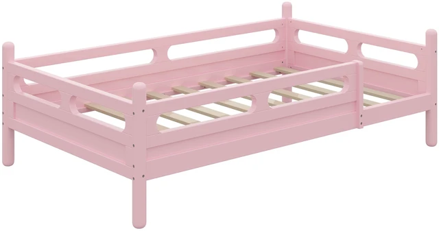 Alt view image 5 of 7 - Twin Size Kids Bed Frame, Wooden Platform Bed with Safety Guardrails Low Profile Design Slat Support System Box Spring