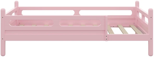 Alt view image 6 of 7 - Twin Size Kids Bed Frame, Wooden Platform Bed with Safety Guardrails Low Profile Design Slat Support System Box Spring