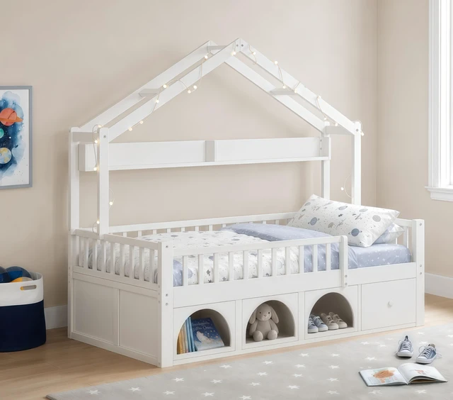 Alt view image 2 of 7 - Twin Bed Frame for Kids, Montessori Floor Bed with Roof with LED Safety Guardrails Storage Drawers and Cubby Wooden