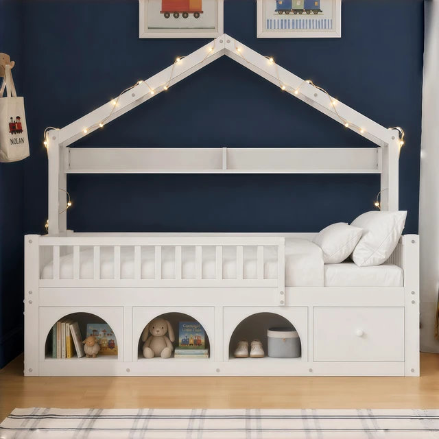 Main image of Twin Bed Frame for Kids, Montessori Floor Bed with Roof with LED Safety Guardrails Storage Drawers and Cubby Wooden
