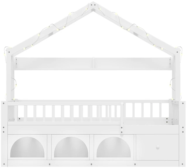 Alt view image 7 of 7 - Twin Bed Frame for Kids, Montessori Floor Bed with Roof with LED Safety Guardrails Storage Drawers and Cubby Wooden