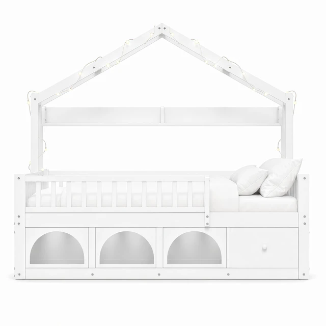 Alt view image 6 of 7 - Twin Bed Frame for Kids, Montessori Floor Bed with Roof with LED Safety Guardrails Storage Drawers and Cubby Wooden