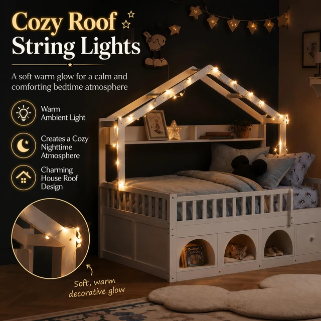 Alt view image 4 of 7 - Twin Bed Frame for Kids, Montessori Floor Bed with Roof with LED Safety Guardrails Storage Drawers and Cubby Wooden