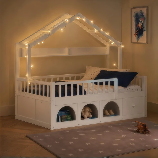 Alt view image 3 of 7 - Twin Bed Frame for Kids, Montessori Floor Bed with Roof with LED Safety Guardrails Storage Drawers and Cubby Wooden