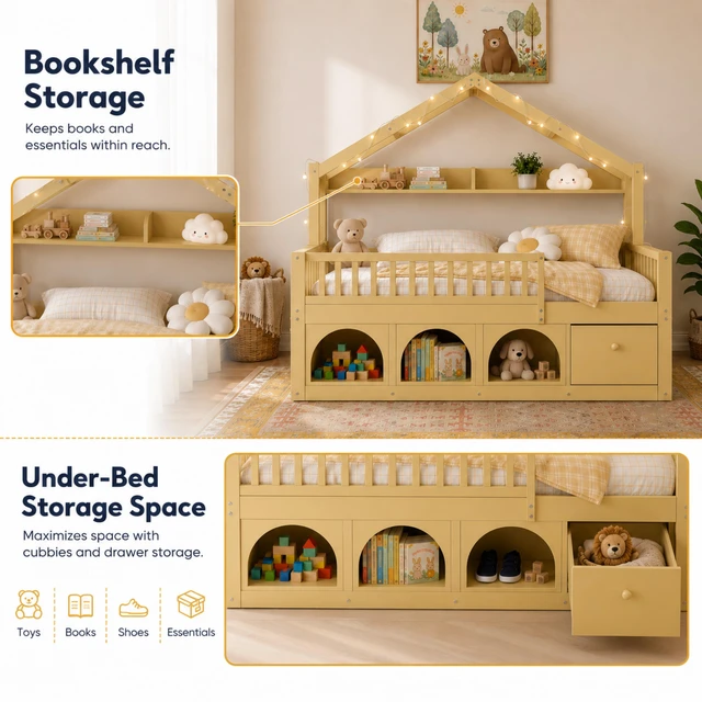 Alt view image 4 of 7 - Twin Bed Frame for Kids, Montessori Floor Bed with Roof with LED Safety Guardrails Storage Drawers and Cubby Wooden