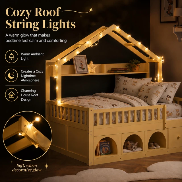 Alt view image 5 of 7 - Twin Bed Frame for Kids, Montessori Floor Bed with Roof with LED Safety Guardrails Storage Drawers and Cubby Wooden