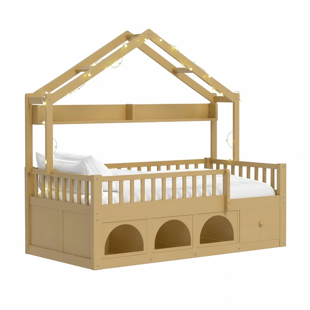 Alt view image 7 of 7 - Twin Bed Frame for Kids, Montessori Floor Bed with Roof with LED Safety Guardrails Storage Drawers and Cubby Wooden