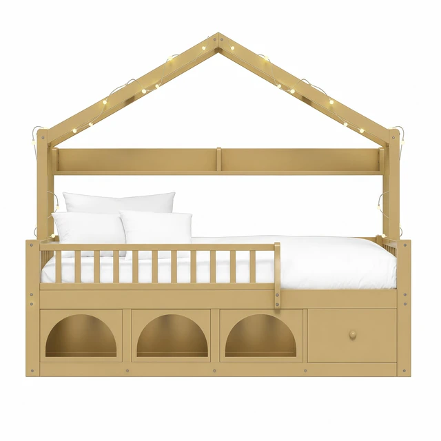 Alt view image 6 of 7 - Twin Bed Frame for Kids, Montessori Floor Bed with Roof with LED Safety Guardrails Storage Drawers and Cubby Wooden