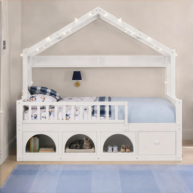 Main image of Full Bed Frame for Kids, Montessori Floor Bed with Roof with LED Safety Guardrails Storage Drawers and Cubby Wooden
