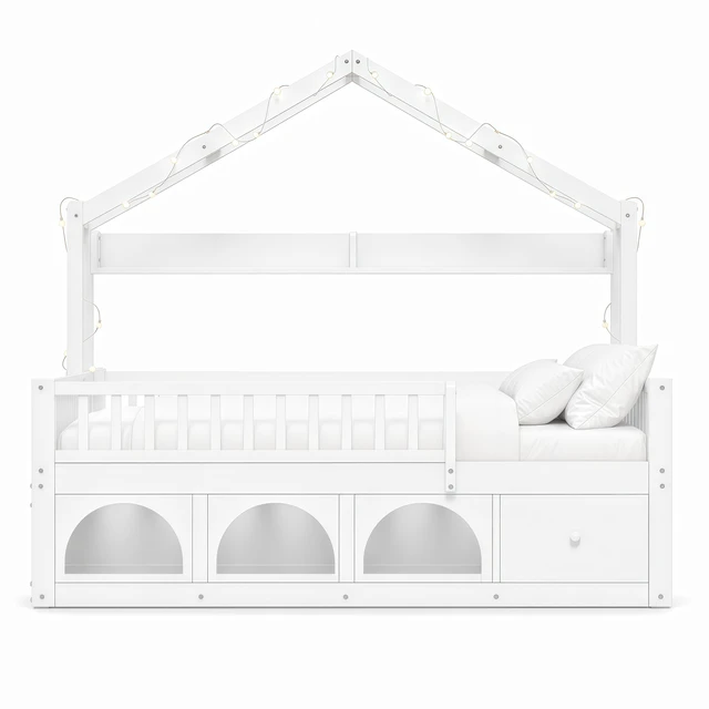Alt view image 7 of 7 - Full Bed Frame for Kids, Montessori Floor Bed with Roof with LED Safety Guardrails Storage Drawers and Cubby Wooden