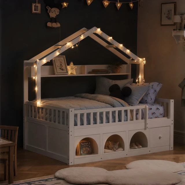 Alt view image 4 of 7 - Full Bed Frame for Kids, Montessori Floor Bed with Roof with LED Safety Guardrails Storage Drawers and Cubby Wooden