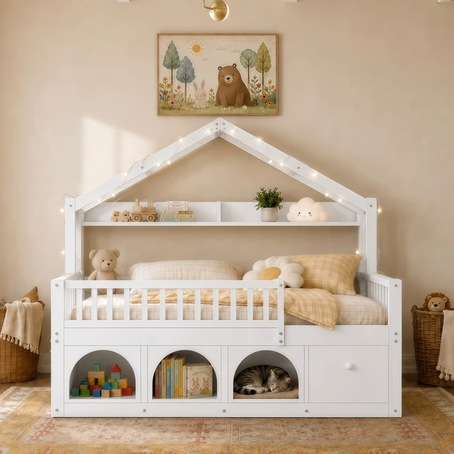 Alt view image 2 of 7 - Full Bed Frame for Kids, Montessori Floor Bed with Roof with LED Safety Guardrails Storage Drawers and Cubby Wooden