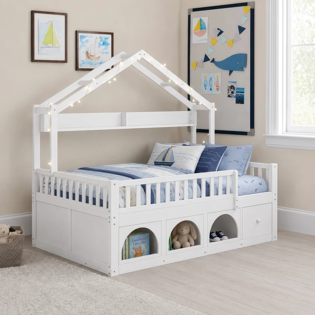 Alt view image 3 of 7 - Full Bed Frame for Kids, Montessori Floor Bed with Roof with LED Safety Guardrails Storage Drawers and Cubby Wooden