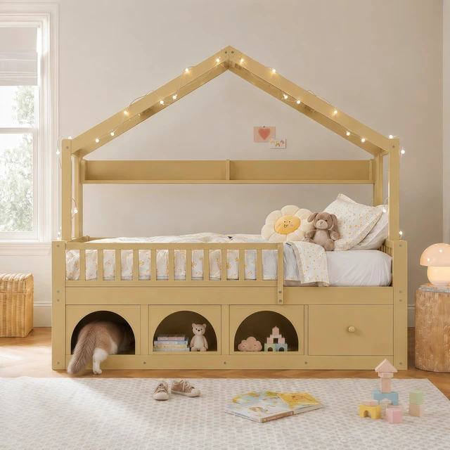 Main image of Full Bed Frame for Kids, Montessori Floor Bed with Roof with LED Safety Guardrails Storage Drawers and Cubby Wooden