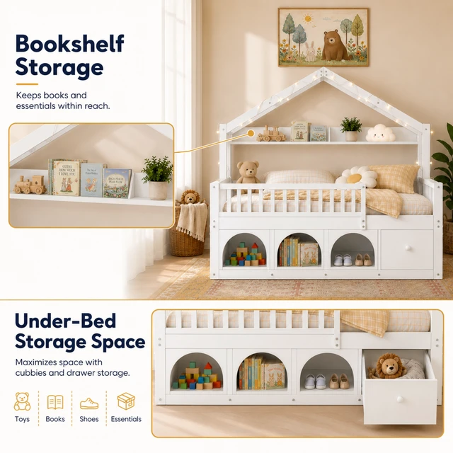 Alt view image 5 of 7 - Full Bed Frame for Kids, Montessori Floor Bed with Roof with LED Safety Guardrails Storage Drawers and Cubby Wooden