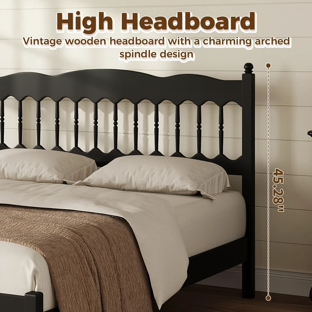 Alt view image 4 of 7 - Countryside Queen Size Wooden Bed Frame with Spindle Headboard, Heavy Duty Platform Bed with Slats Support Box Spring