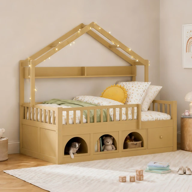 Alt view image 2 of 7 - Full Bed Frame for Kids, Montessori Floor Bed with Roof with LED Safety Guardrails Storage Drawers and Cubby Wooden