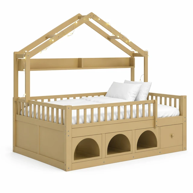 Alt view image 7 of 7 - Full Bed Frame for Kids, Montessori Floor Bed with Roof with LED Safety Guardrails Storage Drawers and Cubby Wooden