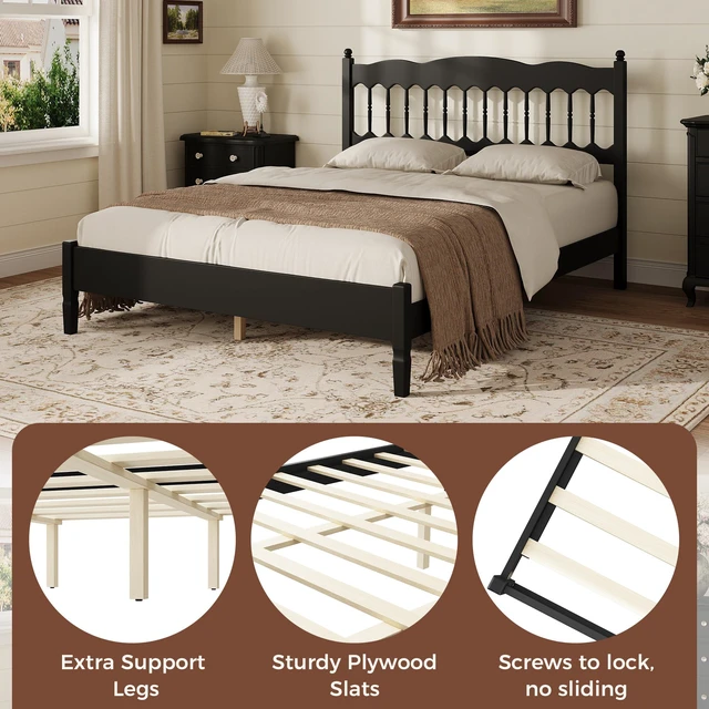Alt view image 3 of 7 - Countryside Queen Size Wooden Bed Frame with Spindle Headboard, Heavy Duty Platform Bed with Slats Support Box Spring