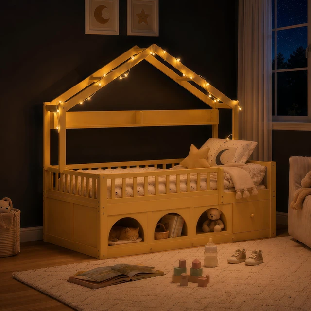 Alt view image 3 of 7 - Full Bed Frame for Kids, Montessori Floor Bed with Roof with LED Safety Guardrails Storage Drawers and Cubby Wooden