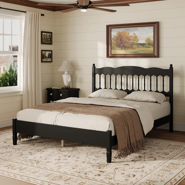 Main image of Countryside Queen Size Wooden Bed Frame with Spindle Headboard, Heavy Duty Platform Bed with Slats Support Box Spring
