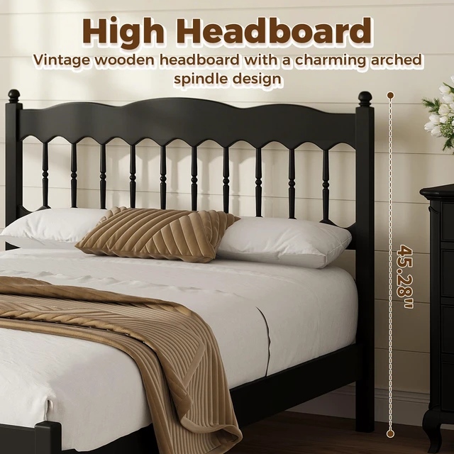 Alt view image 4 of 7 - Countryside Full Size Wooden Bed Frame with Spindle Headboard, Heavy Duty Platform Bed with Slats Support Box Spring