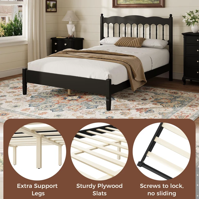 Alt view image 3 of 7 - Countryside Full Size Wooden Bed Frame with Spindle Headboard, Heavy Duty Platform Bed with Slats Support Box Spring