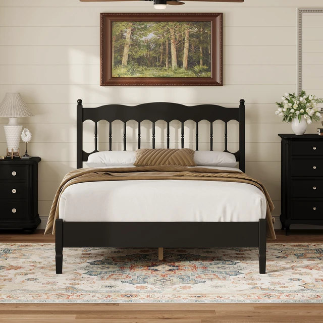Alt view image 2 of 7 - Countryside Full Size Wooden Bed Frame with Spindle Headboard, Heavy Duty Platform Bed with Slats Support Box Spring
