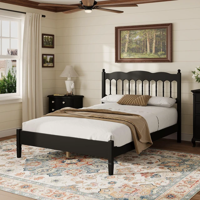 Main image of Countryside Full Size Wooden Bed Frame with Spindle Headboard, Heavy Duty Platform Bed with Slats Support Box Spring